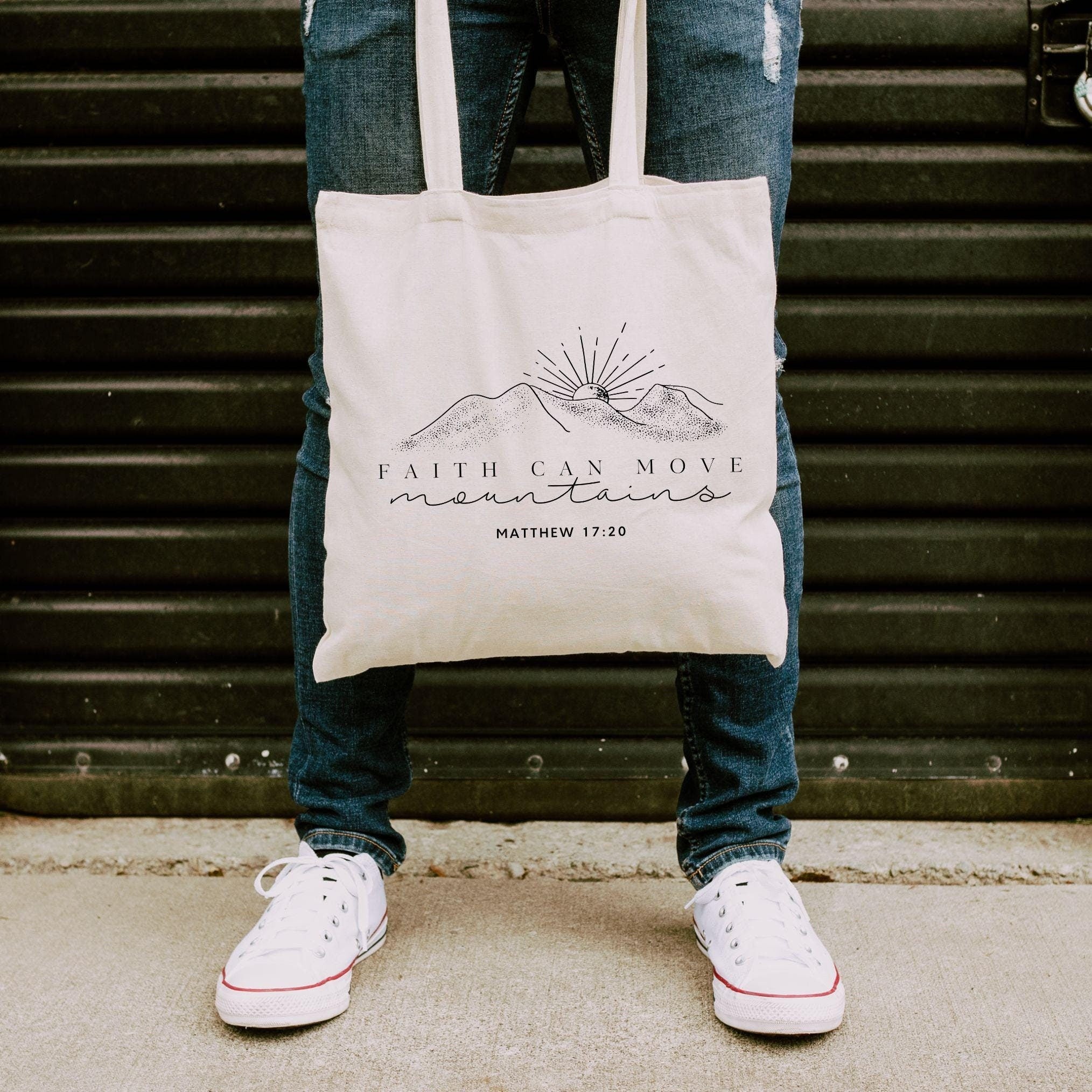 Faith Can Move Mountain Christian Tote Bag – Bible Verse Canvas Bag – Inspirational Christian Gift – Religious Tote for Her – Reusable Faith-Based Tote